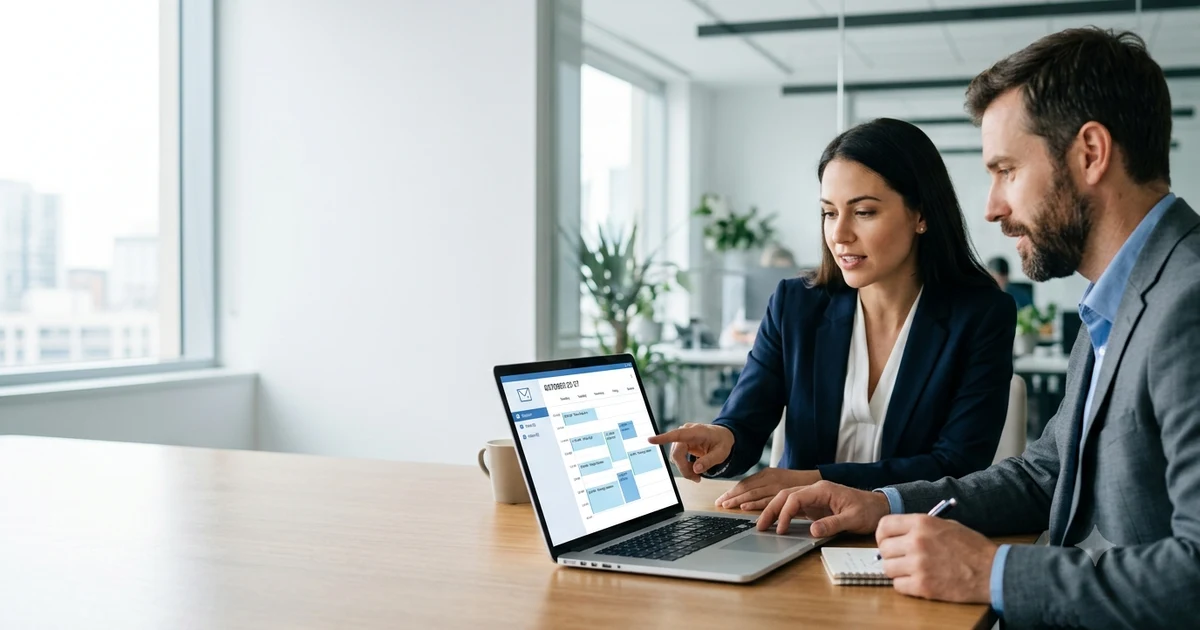 Professional discussing meeting schedule on a laptop, illustrating other ways to say please let me know if this works for you in business emails and workplace communication