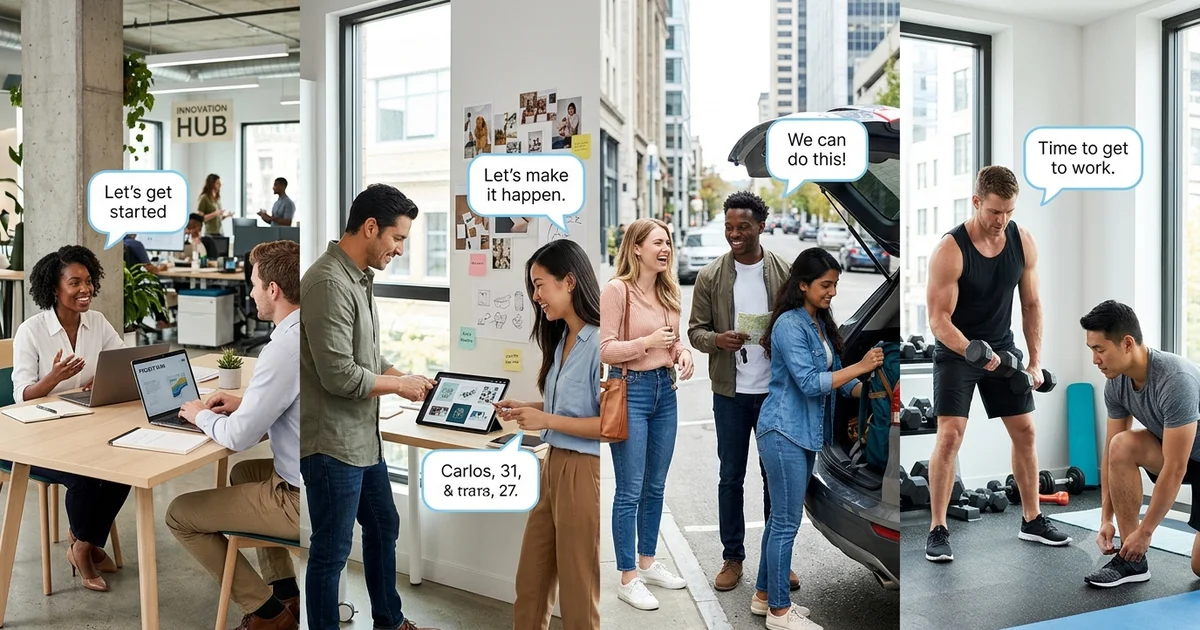 Professional and casual alternatives to lets do this shown through people starting work, fitness, and group activities.