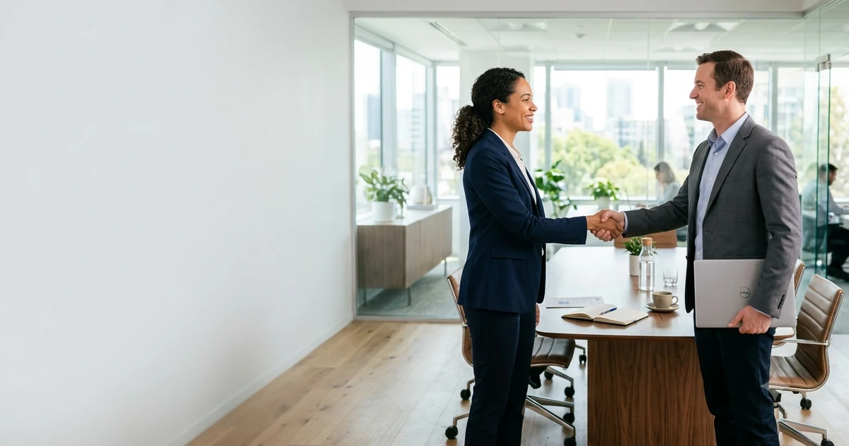 Professional business meeting showing two colleagues greeting each other, representing professional alternatives to saying looking forward to seeing you in workplace communication.