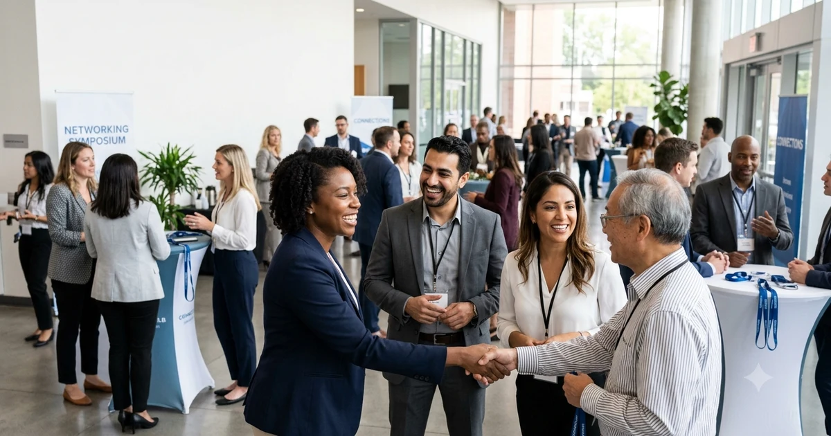 Professional networking event with people welcoming each other and exchanging introductions, representing other ways to say meet and greet for business and social occasions.