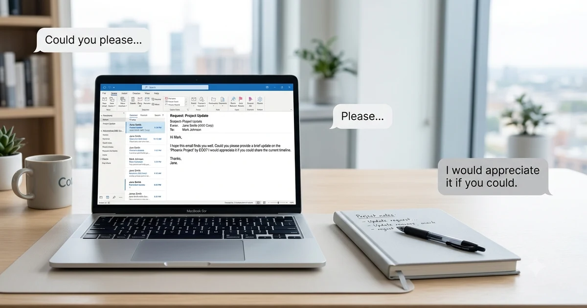 Professional business email on a laptop displaying polite request phrases with a notebook and pen on a modern office desk, illustrating other ways to say kindly request professionally.