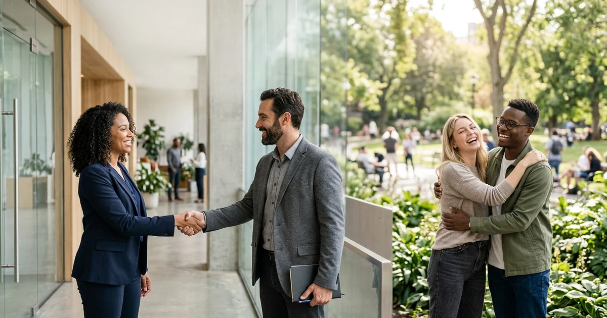 Two people smiling while reconnecting after a meeting, representing different ways to say it was good to see you again.