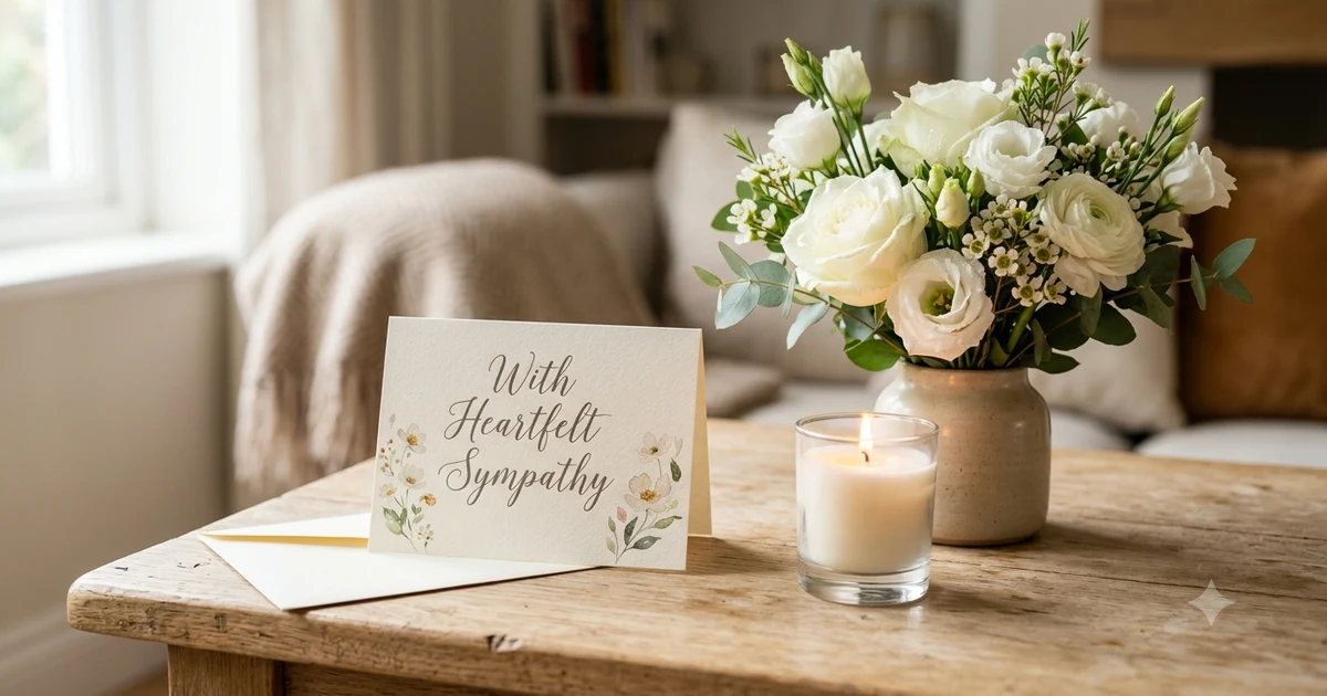 A sympathy card placed beside white flowers and a softly glowing candle on a wooden table, representing thoughtful and compassionate ways to express condolences after the loss of a loved one.