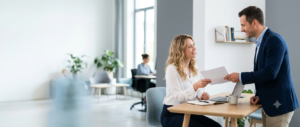 Professional colleagues smiling during a workplace conversation, illustrating polite alternatives to saying no worries in business communication.