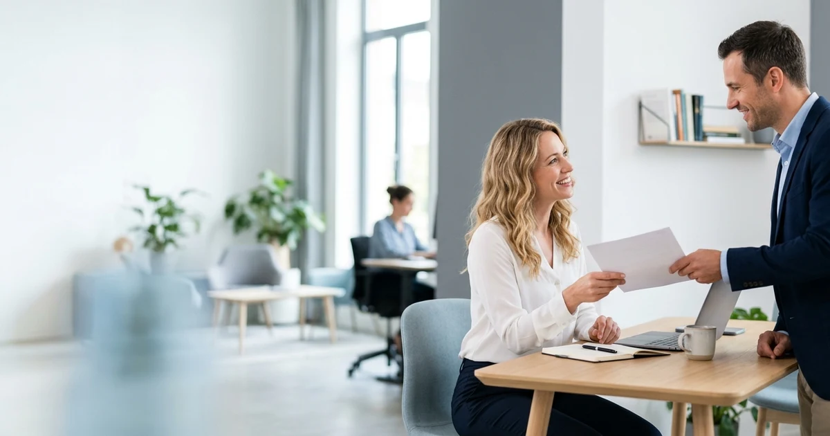 Professional colleagues smiling during a workplace conversation, illustrating polite alternatives to saying no worries in business communication.