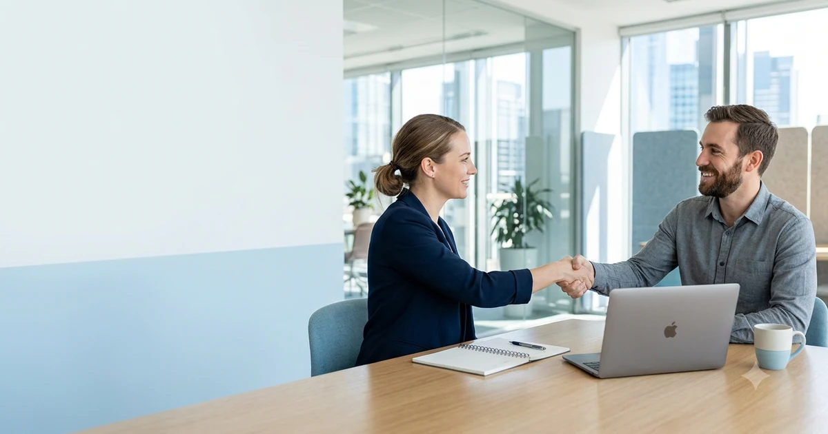 Professional discussing a project in a modern office, representing confident alternatives to saying I will do my best in workplace communication.