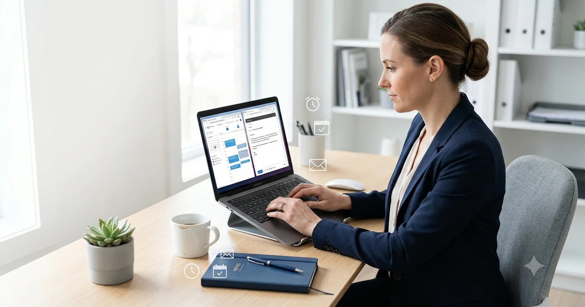 Professional scheduling email displayed on a laptop with a calendar showing available meeting times.