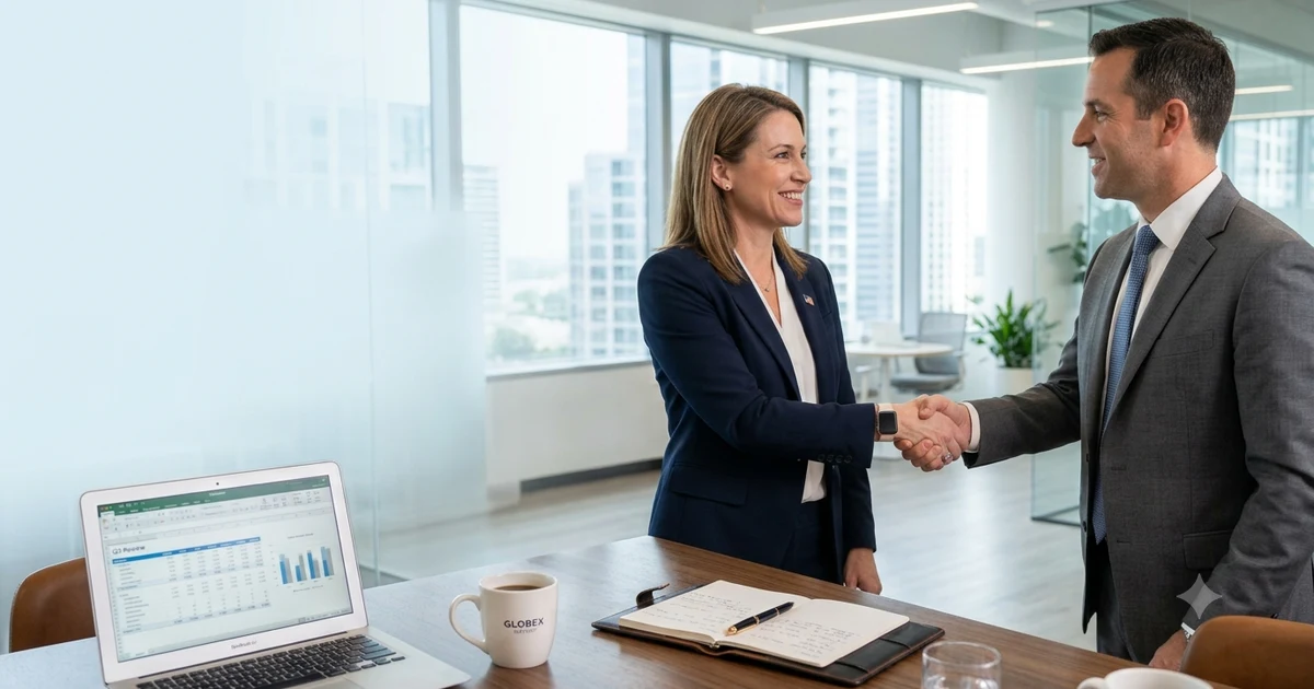 Two professionals shaking hands after a successful meeting, representing other ways to say it was a pleasure meeting you in professional and everyday communication.