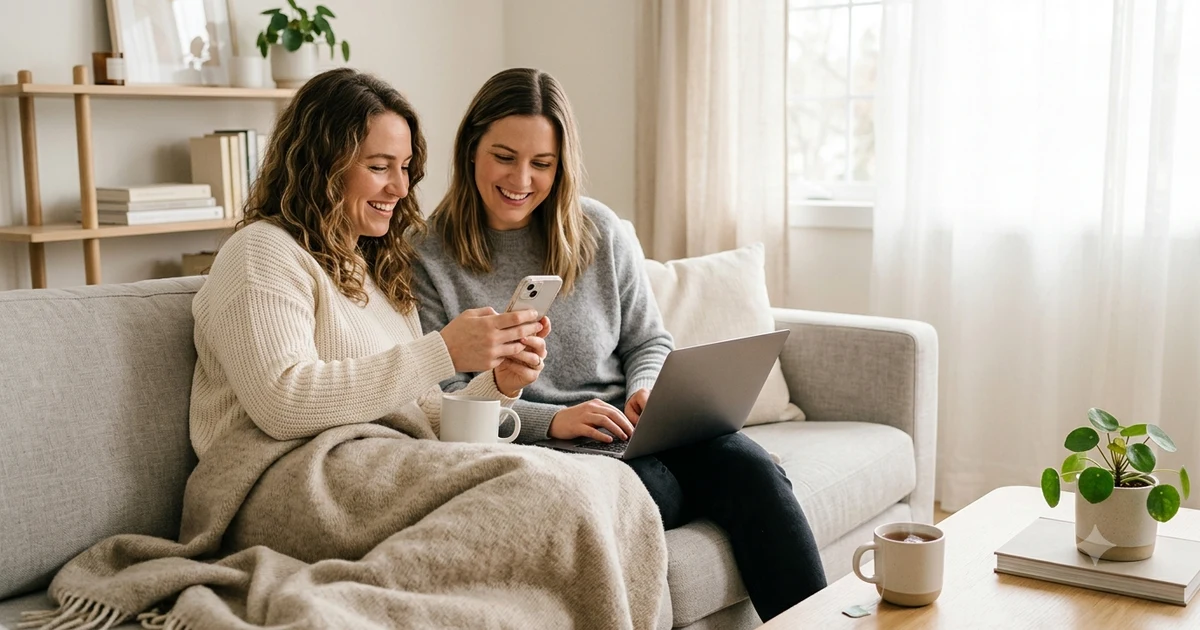 Two women sitting comfortably on a beige couch in a sunlit, modern living room. One woman is wrapped in a cozy knit blanket holding a smartphone, while her friend sits beside her with a laptop. A mug of tea rests on the wooden coffee table nearby amid neutral, minimalist decor.