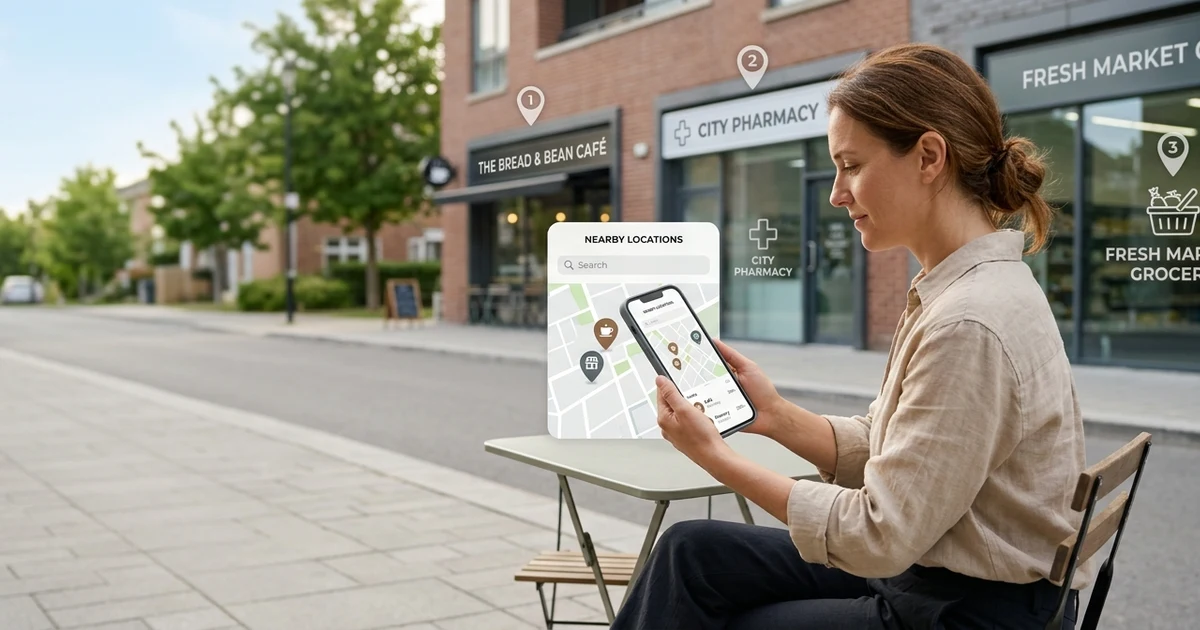 Person using a smartphone to find nearby businesses on a digital map, illustrating other ways to say near me for local search and everyday communication.