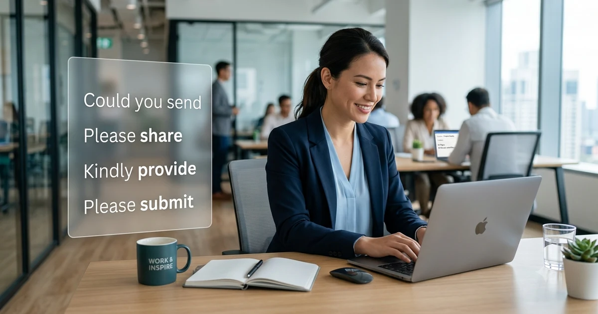 Professional writing workspace showing a person composing a business email on a laptop with polite request phrases like Could you send, Please share, Kindly provide, and Please submit displayed as communication examples.
