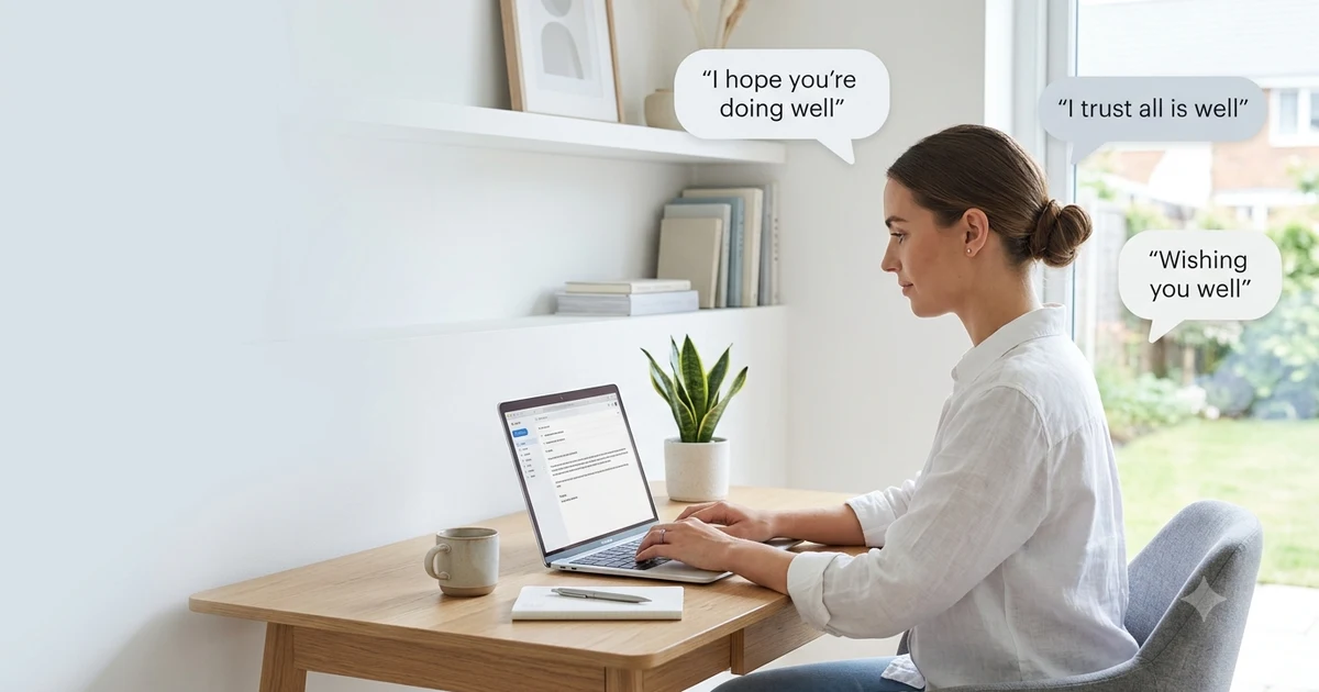 Person writing a business email with friendly opening phrases
