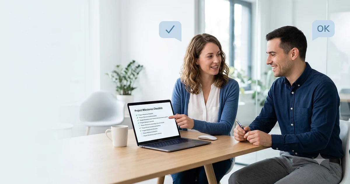 Professional reviewing a checklist on a laptop while confirming meeting details with a coworker, representing other ways to say just to confirm in business and everyday communication.