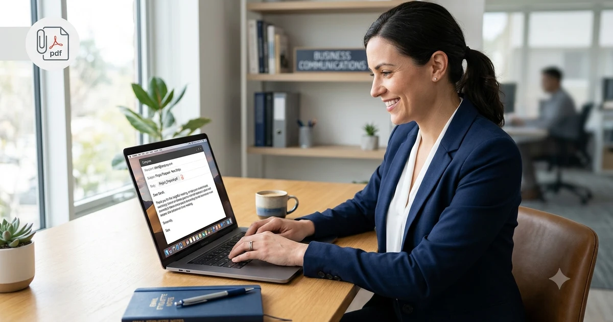 Professional business email on a laptop screen showing alternative ways to reference attached documents in workplace communication.