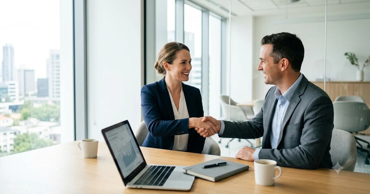 A clean horizontal blog banner showing two business professionals finishing a friendly meeting with a handshake in a modern office. Include a laptop, notebook, and coffee on the table with a bright, professional workspace. Use a minimal blue and white color palette, realistic photography style, soft natural lighting, plenty of negative space for a blog title, and no cartoons, fake AI hands, clutter, or excessive text.