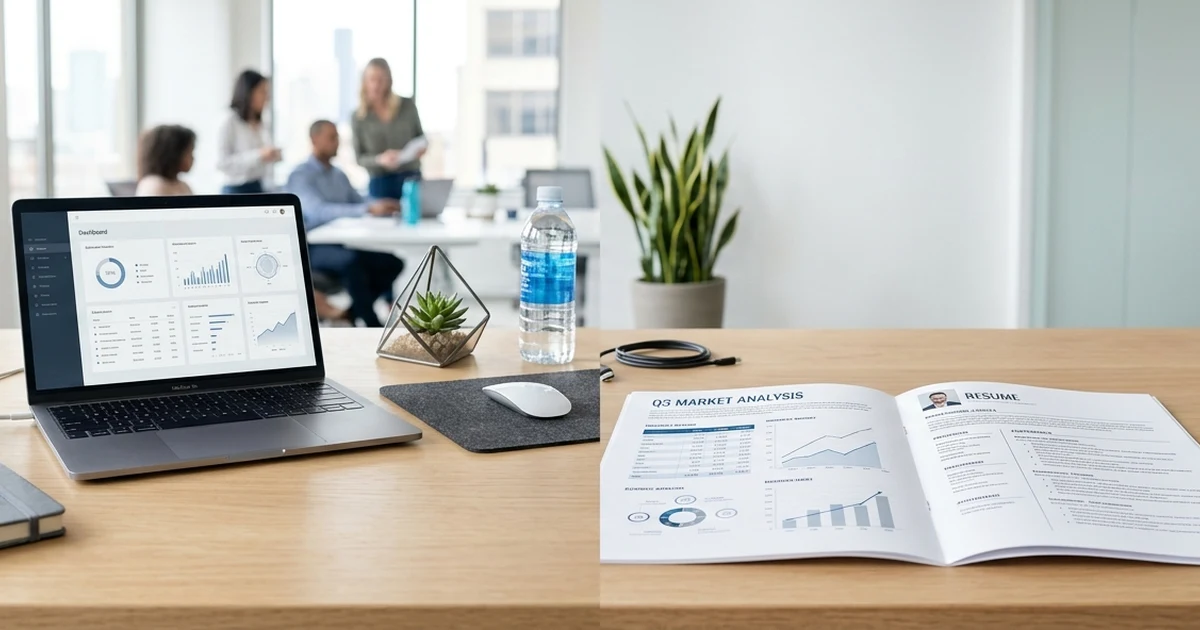 Professional workspace with a laptop, resume, business report, and notebook, representing professional alternatives to saying positive impact in resumes, performance reviews, and business communication.