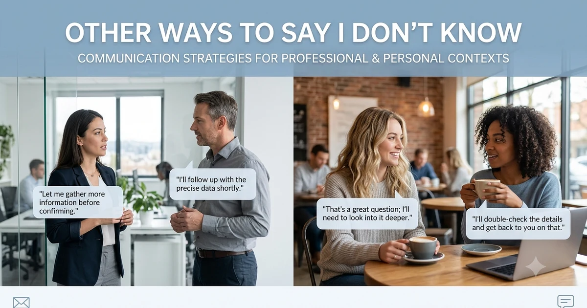 Two professionals and two friends having conversations in different settings, each using thoughtful alternatives to saying I don't know. The clean, modern blog header features subtle speech bubbles, email and chat icons, and a soft blue and white color palette, representing professional communication, texting, and everyday conversations. The editorial-style design includes the title Other Ways to Say I Don't Know with plenty of white space and realistic people.