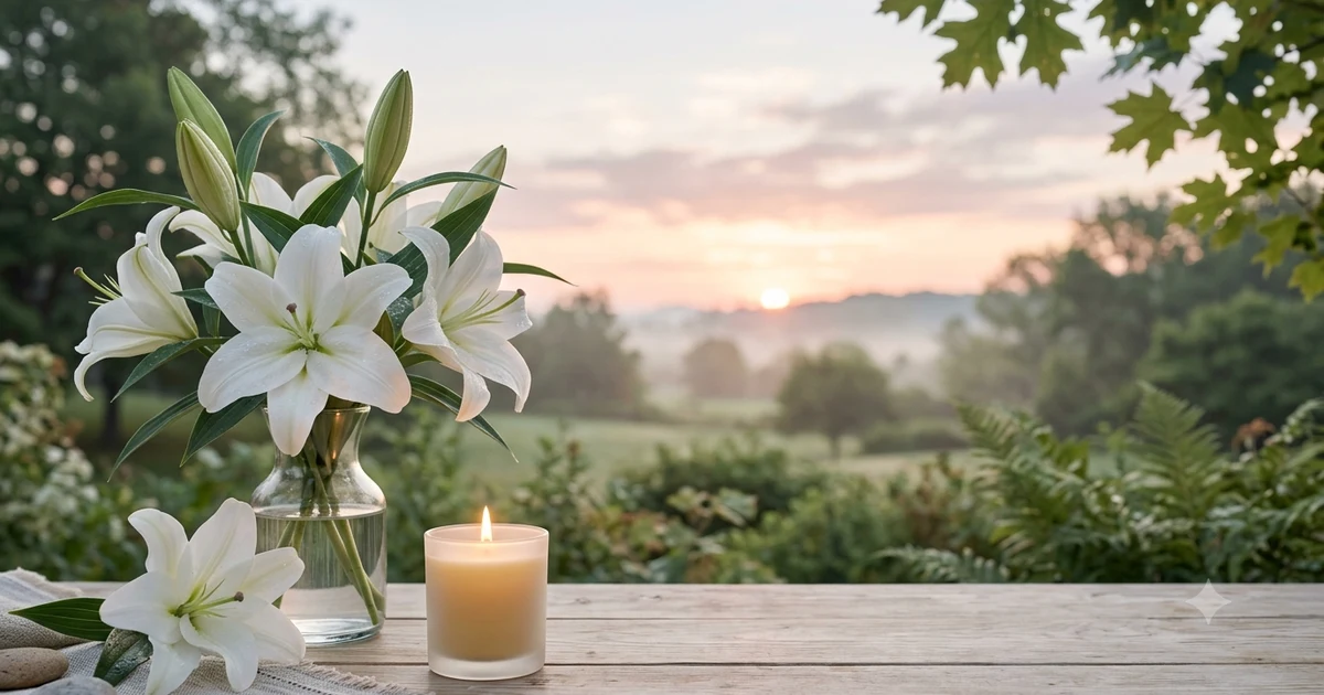 White lilies and a candle beside a peaceful memorial setting representing thoughtful alternatives to saying Rest in Peace.