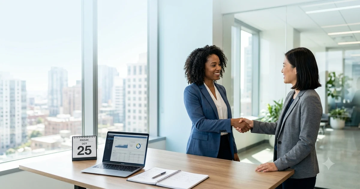 Two business professionals ending a meeting with a handshake in a modern office, with a laptop, notebook, and calendar on the desk, representing professional ways to say see you tomorrow in workplace communication.