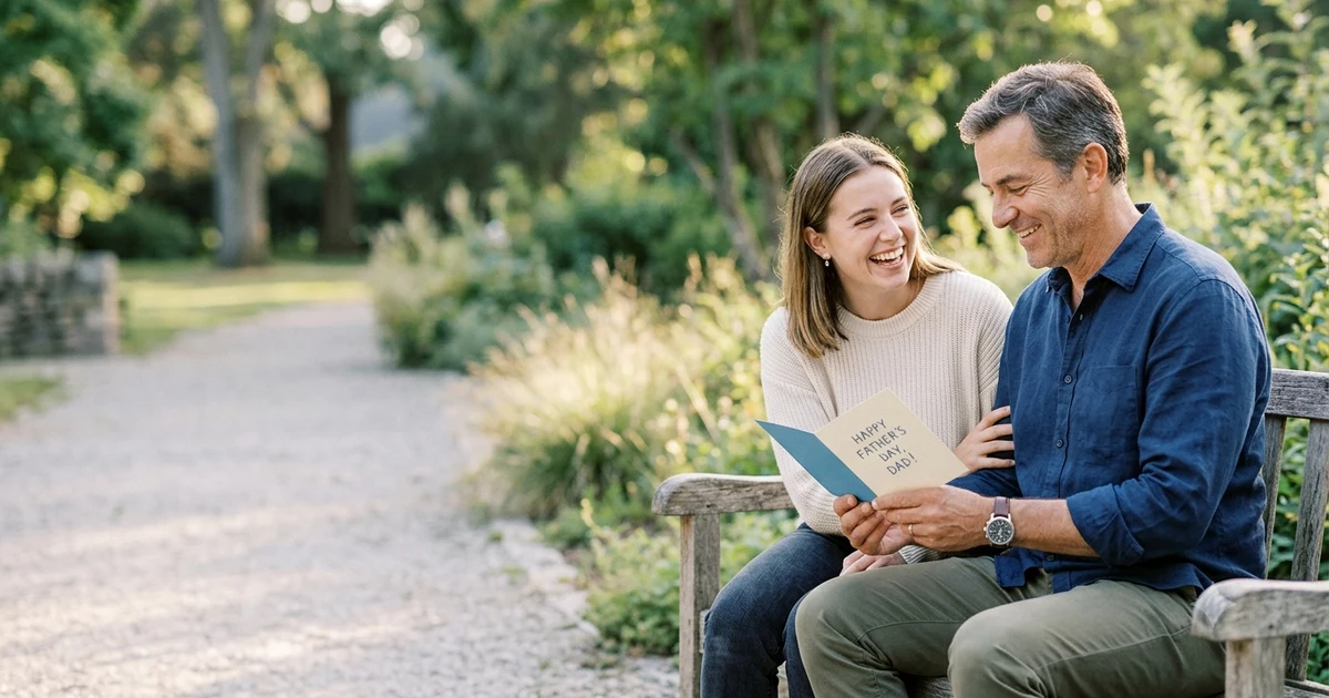 Father and adult child smiling while exchanging a Father's Day card outdoors, celebrating their close bond in a warm and heartfelt family moment.