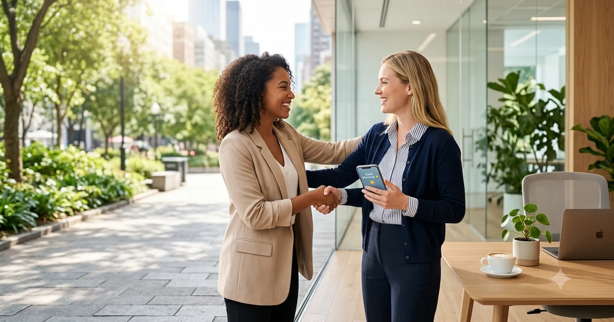 A bright morning scene showing two people greeting each other with smiles, a cup of coffee, sunlight streaming through windows, and a smartphone displaying a cheerful morning message, illustrating different ways to say good morning in casual and professional communication.