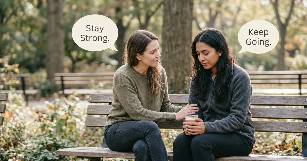 Supportive conversation showing other ways to say hanging in there with encouraging phrases for everyday communication.