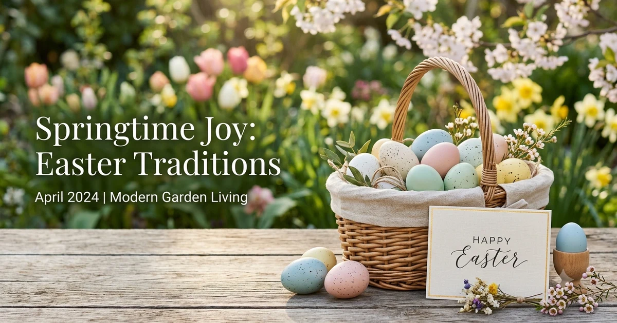 Colorful Easter eggs in a spring garden with flowers and a greeting card representing thoughtful alternatives to Happy Easter
