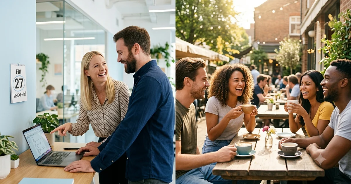 Other ways to say Happy Friday illustrated with professionals and friends enjoying the end of the workweek, featuring friendly, casual, and professional Friday greetings for messages, emails, and social media.
