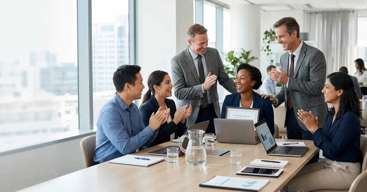 Professional team recognizing a valuable employee during a workplace meeting, representing other ways to say great asset to the team.