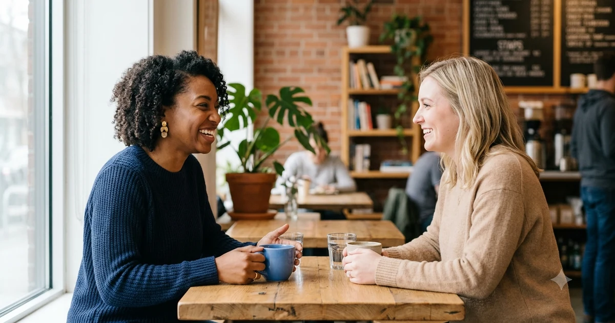 Two people smiling during a conversation as one responds warmly to good news with a supportive and encouraging expression.