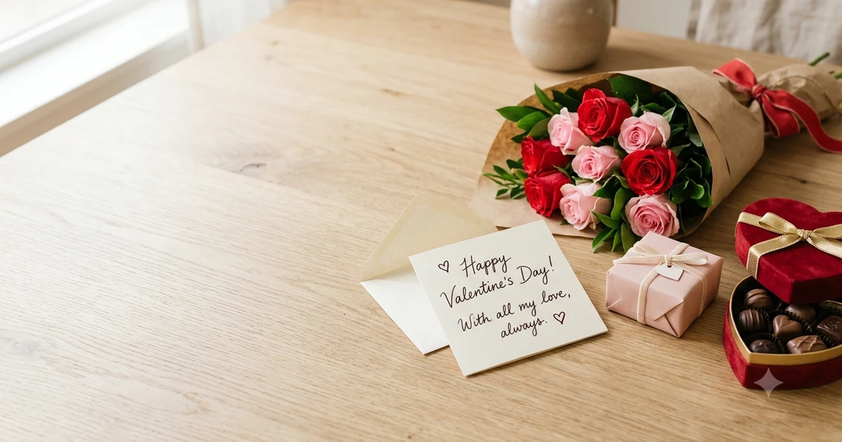 Creative alternatives to Happy Valentine's Day displayed with a Valentine's card, roses, chocolates, and thoughtful greeting ideas for cards, texts, and social media.