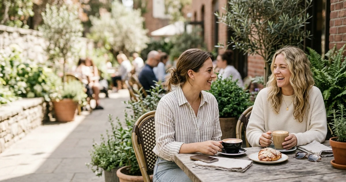 Friends enjoying a relaxing Saturday morning outdoors with coffee, representing thoughtful weekend greetings and alternative ways to say Happy Saturday.