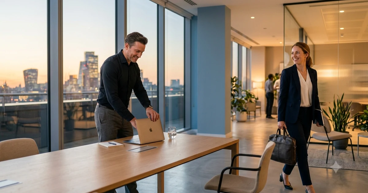 Professional alternatives to have a good evening displayed as a workplace communication concept with business professionals ending a meeting politely.