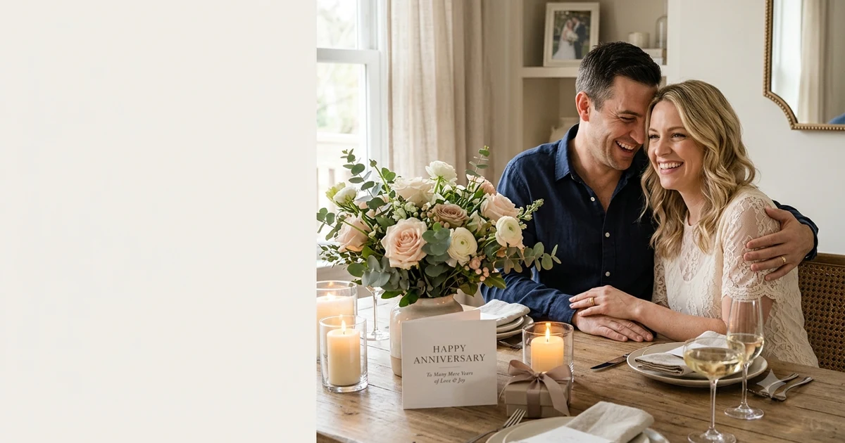 Happy married couple celebrating their wedding anniversary with flowers, a greeting card, and a romantic dinner at home.
