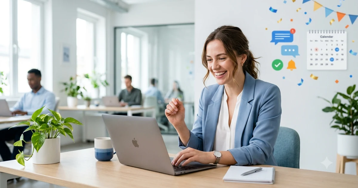 Professional announcing positive news online with alternative ways to say happy to announce in business and social media communication.