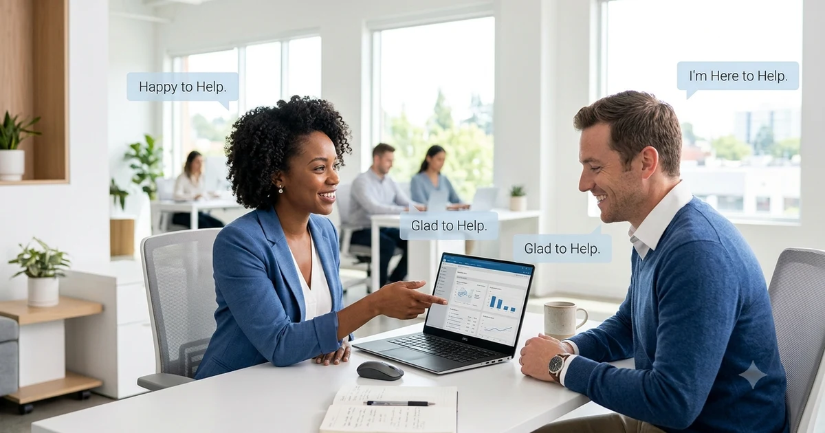 Professional office scene showing two coworkers collaborating at a laptop, with one person offering assistance in a friendly and supportive manner. The image represents helpful communication and alternative ways to say happy to assist in business and workplace conversations.
