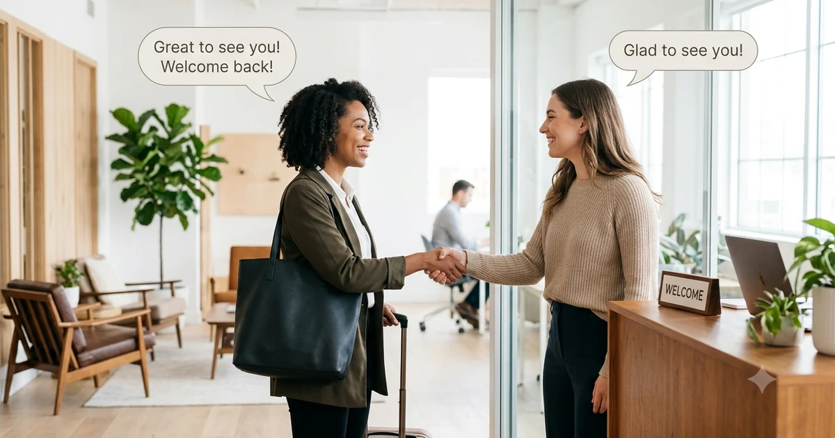 Two people warmly greeting each other with smiles in a bright, modern setting, illustrating different ways to say happy to see you through friendly and welcoming communication.