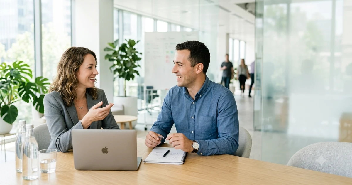 Professional colleagues discussing ideas during a business meeting with examples of alternative ways to say happy to discuss.