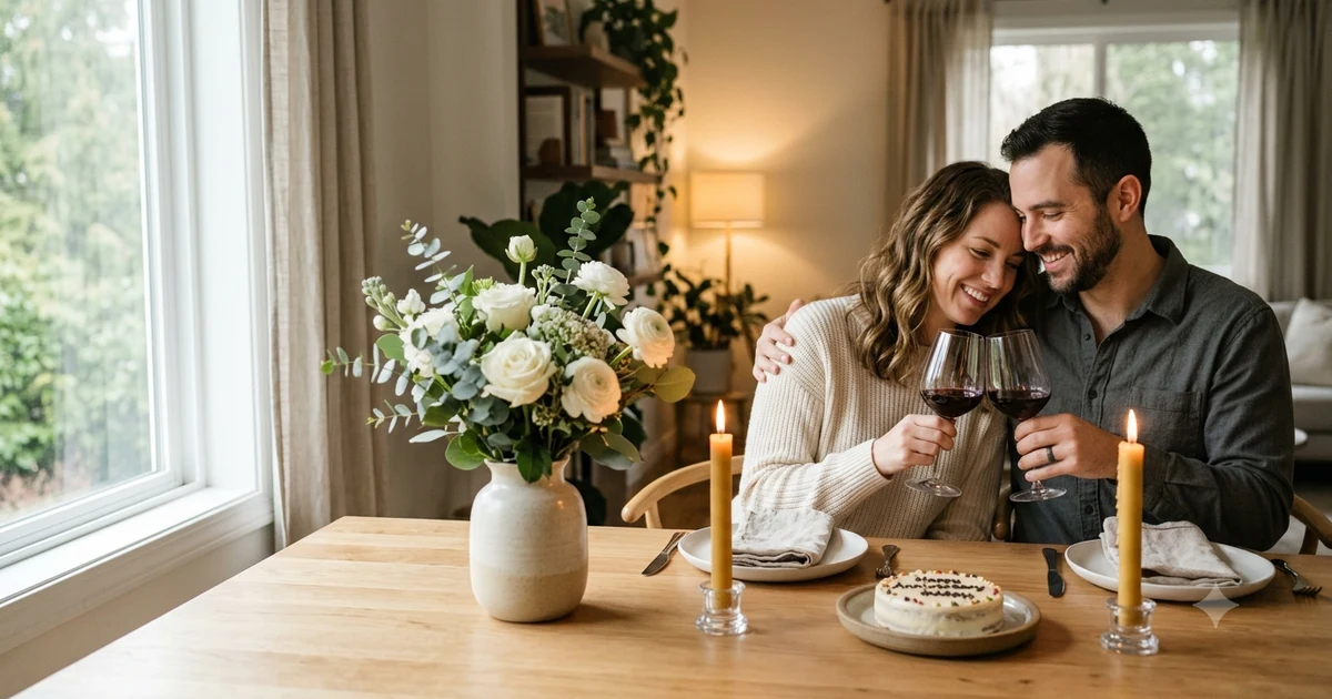 Romantic anniversary celebration with a wife sharing a heartfelt moment with her husband at a candlelit dinner
