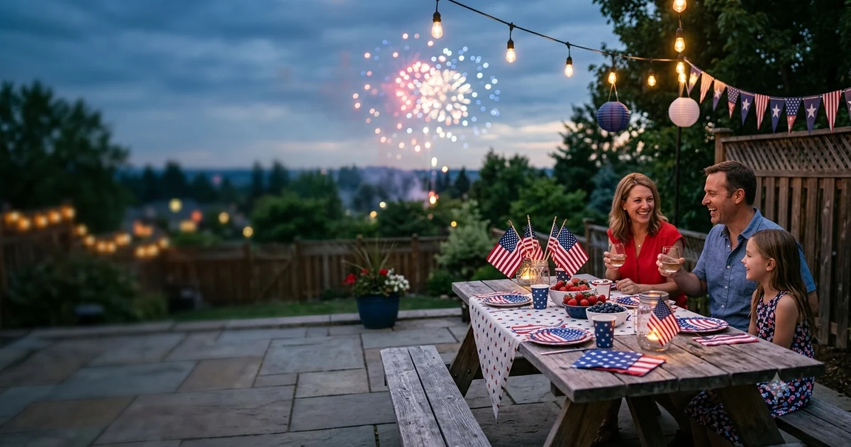 People celebrating the Fourth of July at an outdoor picnic with American flags, red, white, and blue decorations, and fireworks lighting the evening sky, representing Independence Day festivities in the United States.