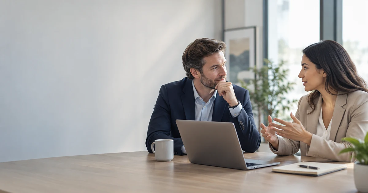 Two professionals respectfully discussing different perspectives during an office meeting