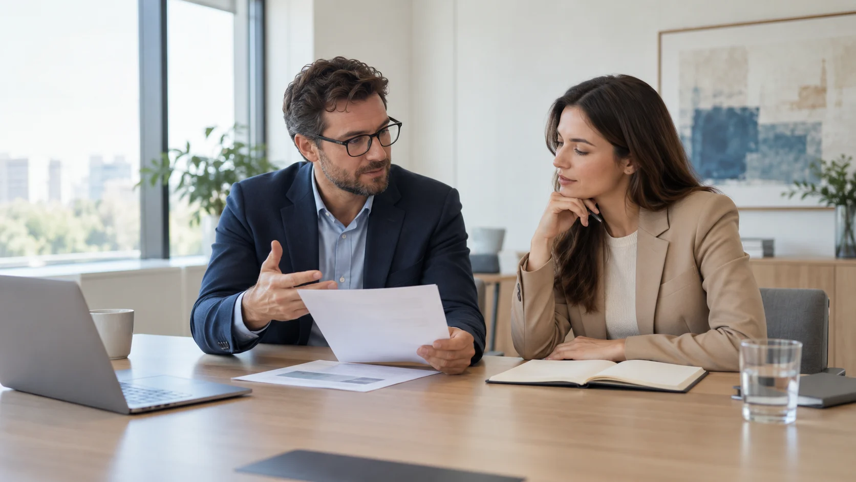 Two colleagues discussing a proposal at a modern office meeting table with documents and a notebook.