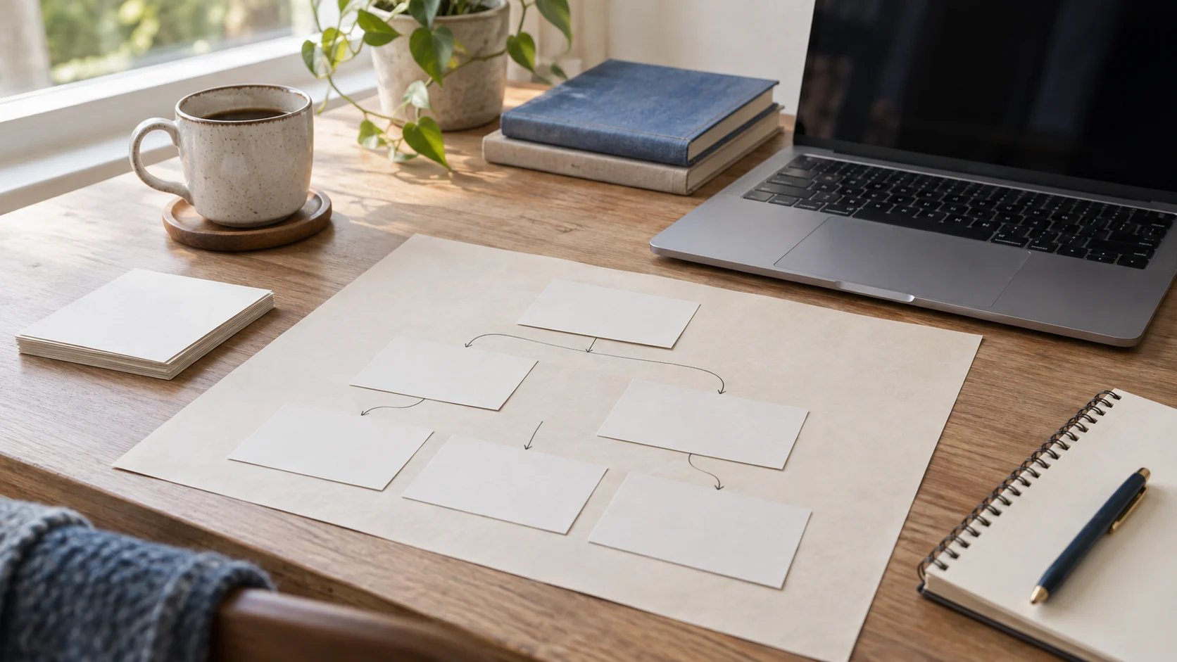 Blank note cards connected with lines beside a laptop on a softly lit desk.