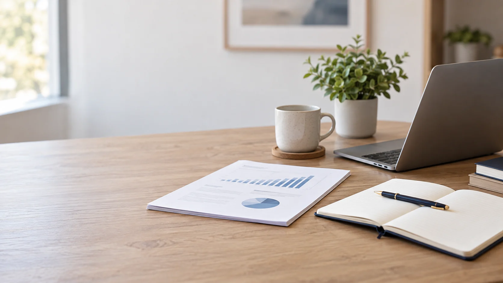 Tidy desk with a report, notebook, pen, and laptop representing clear summaries and professional writing.