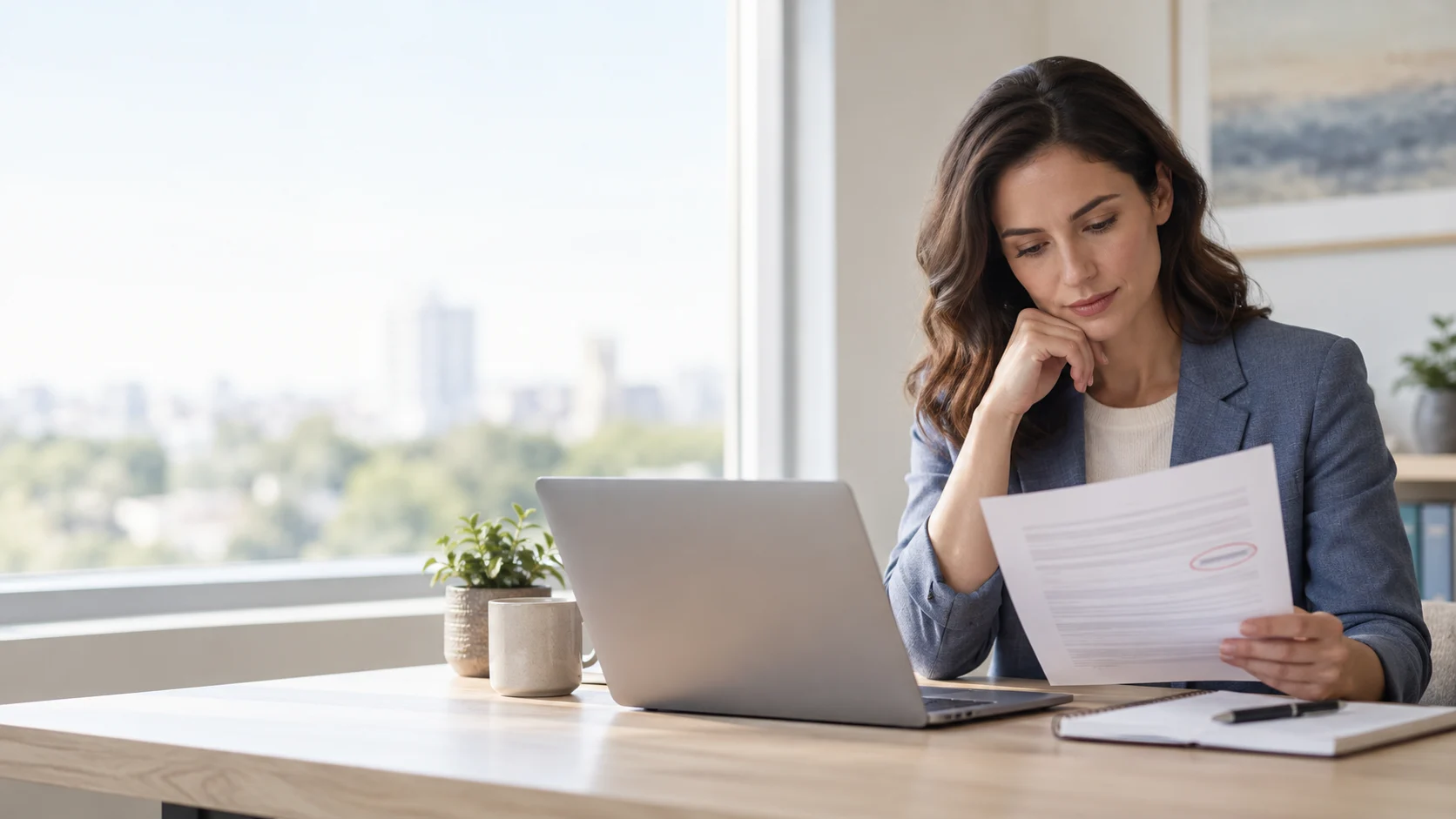 Professional reviewing a marked document beside a laptop in a bright modern office.