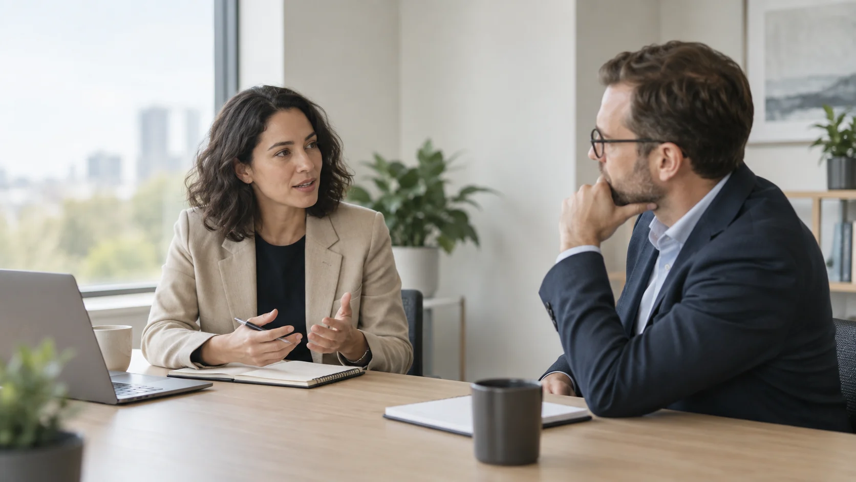 Two professionals discussing a workplace concern calmly across an office table