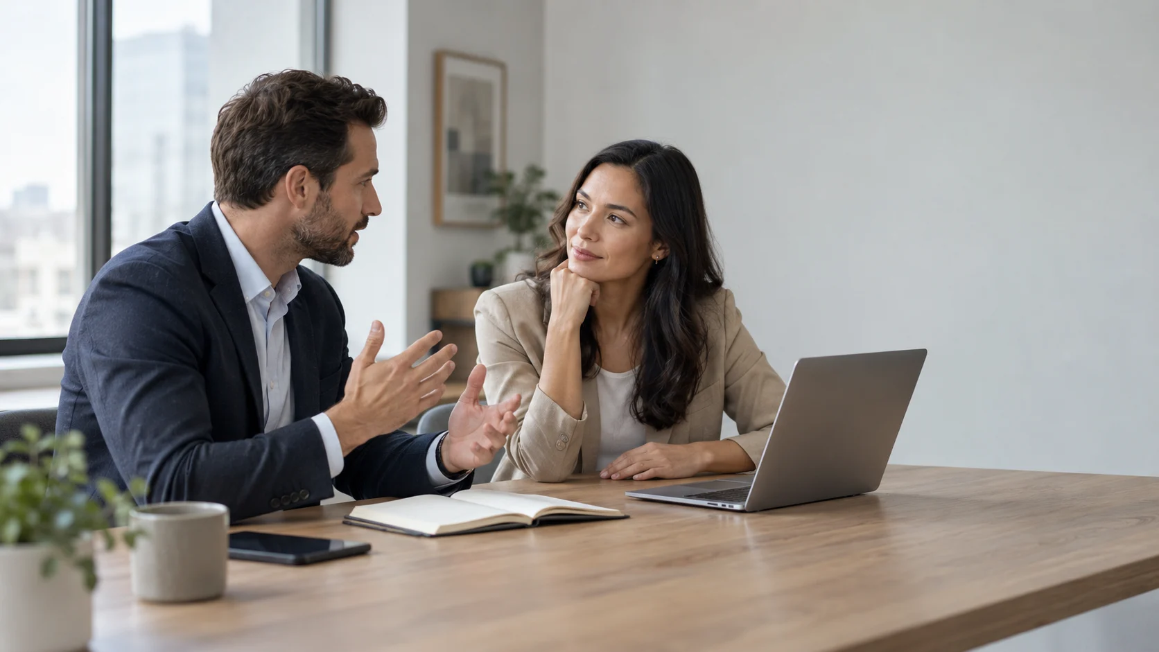 Two professionals discussing an idea across an office table while one listens attentively and acknowledges the point.