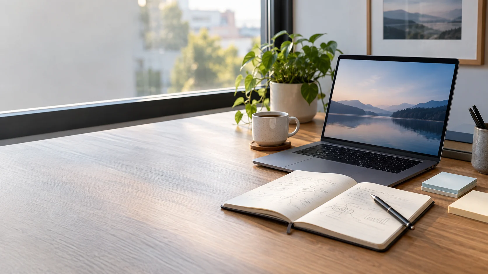 Open notebook, laptop, and organized notes on a modern desk representing clear summaries and conclusions.