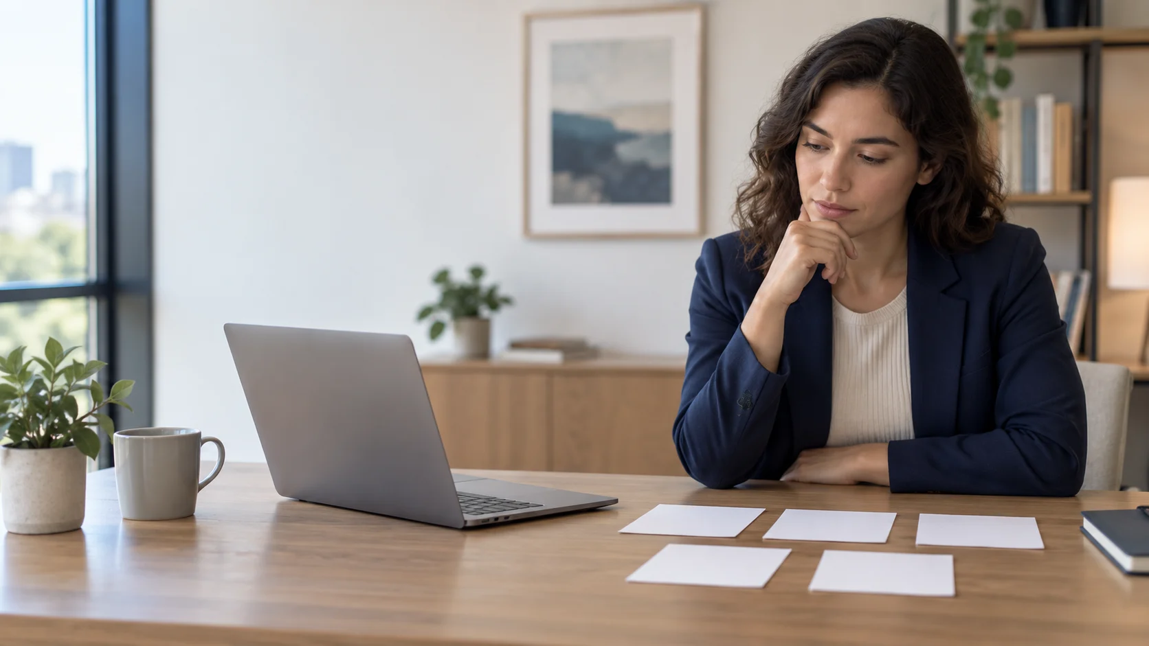 Professional reviewing blank notes beside a laptop while considering several possible conclusions.