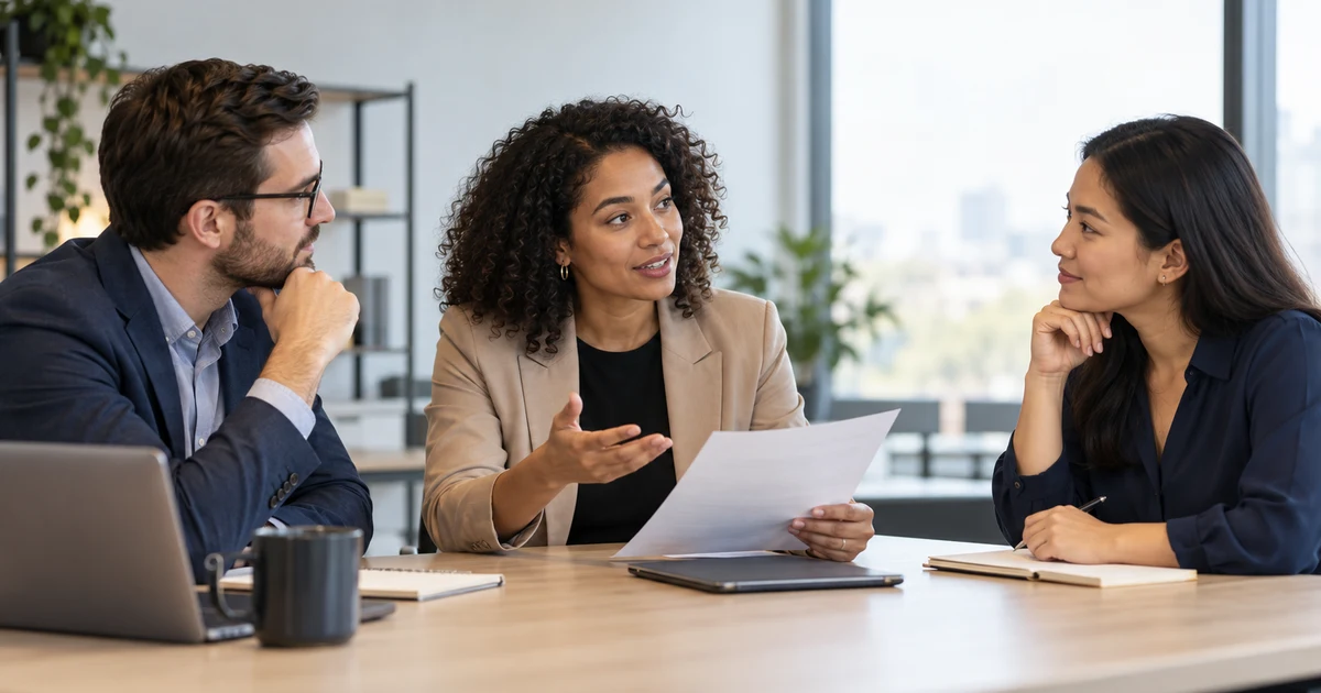 Three colleagues discuss a document at an office table while one invites another’s opinion.